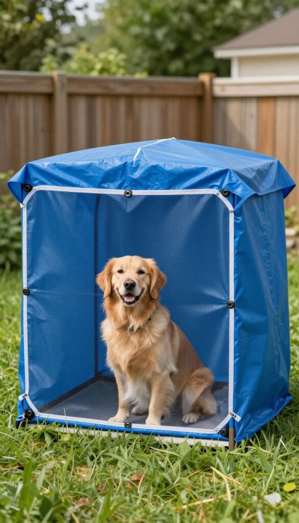DIY upcycled shower curtain kennel cover with grommets and bungee cords, dog beside it in sunny yard