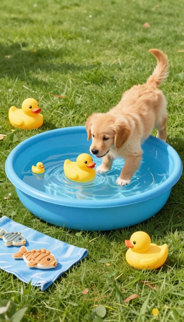 Golden retriever puppy playing in a shallow kiddie pool with floating rubber ducks, under the sea themed dog birthday party in a backyard.