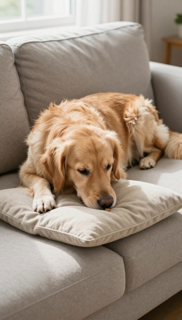 Golden retriever sniffing treat under cushion for scent work game indoors