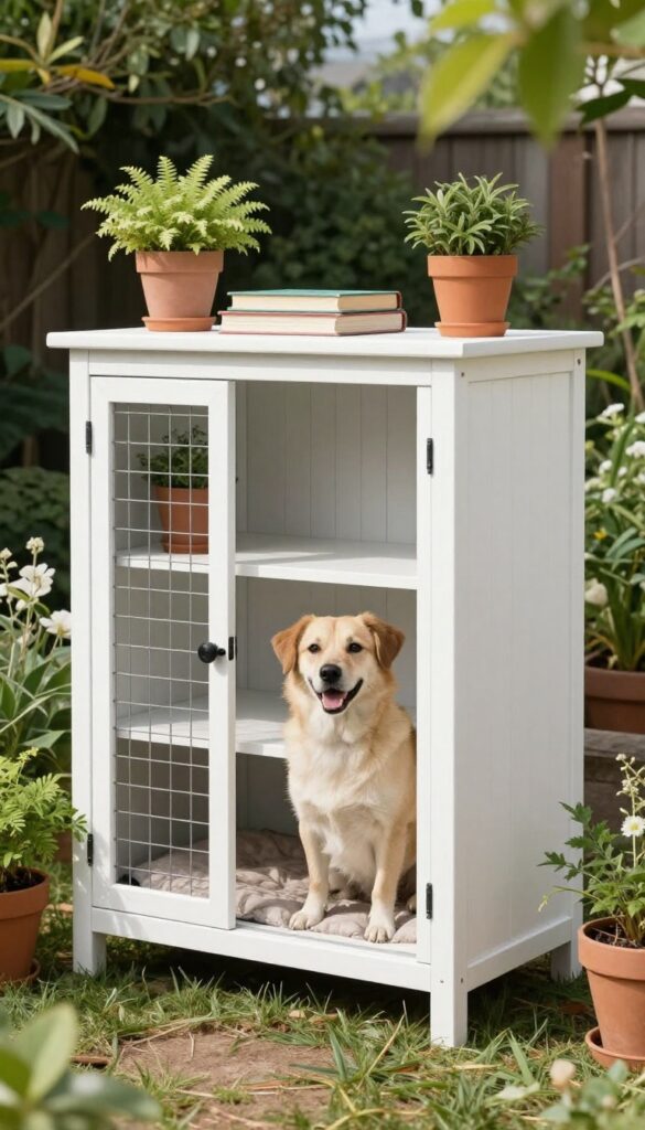 Repurposed furniture kennel made from a bookshelf in a small yard, with a dog inside