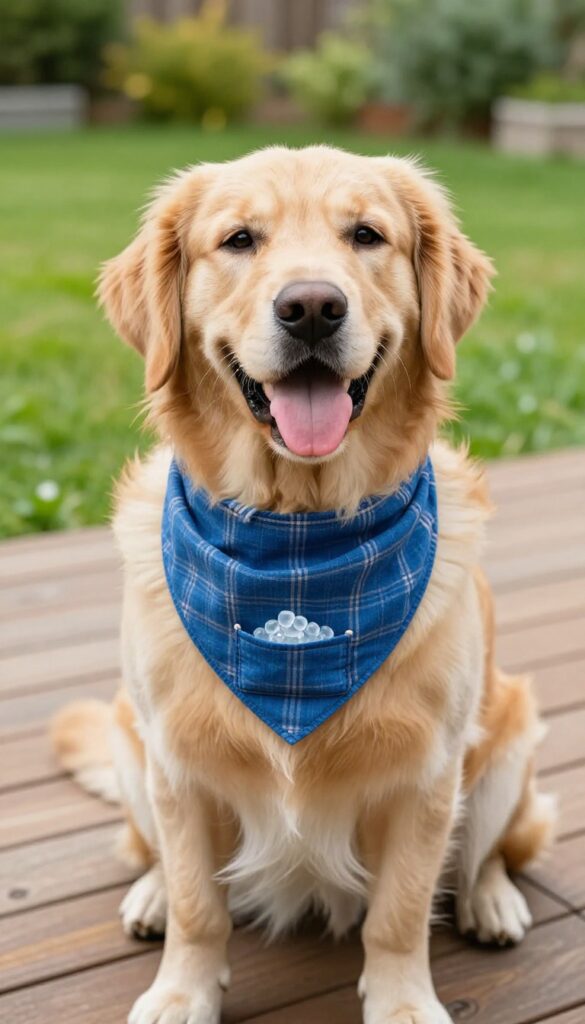 Dog wearing a cooling bandana with gel crystals in summer sunlight