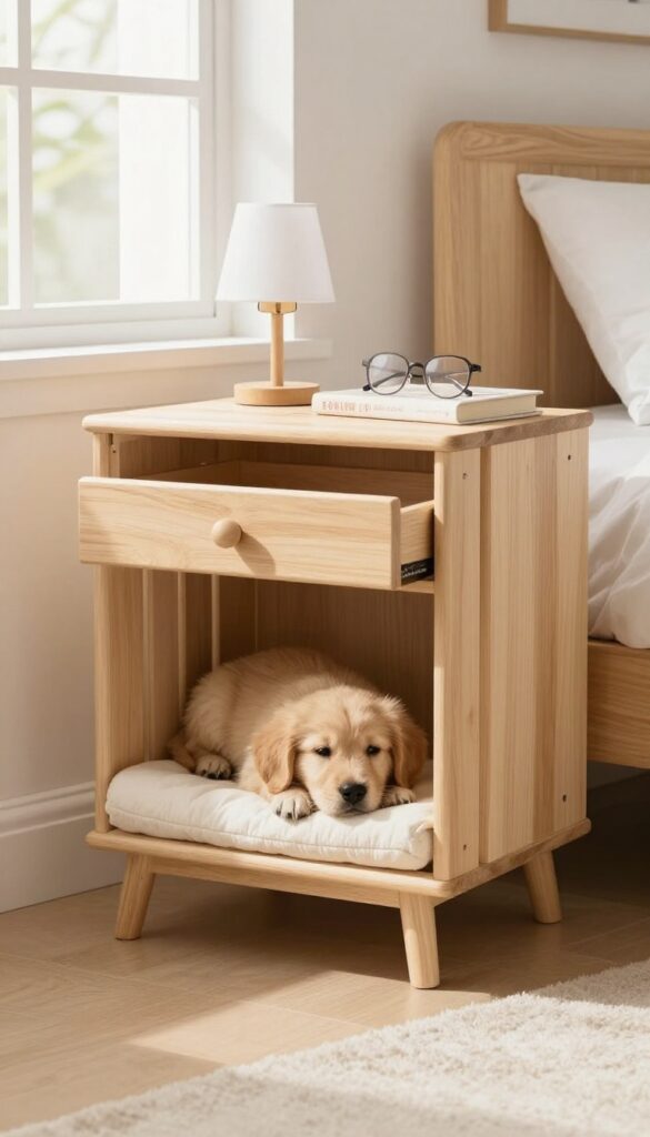 Dog crate nightstand with sleeping puppy in bright bedroom