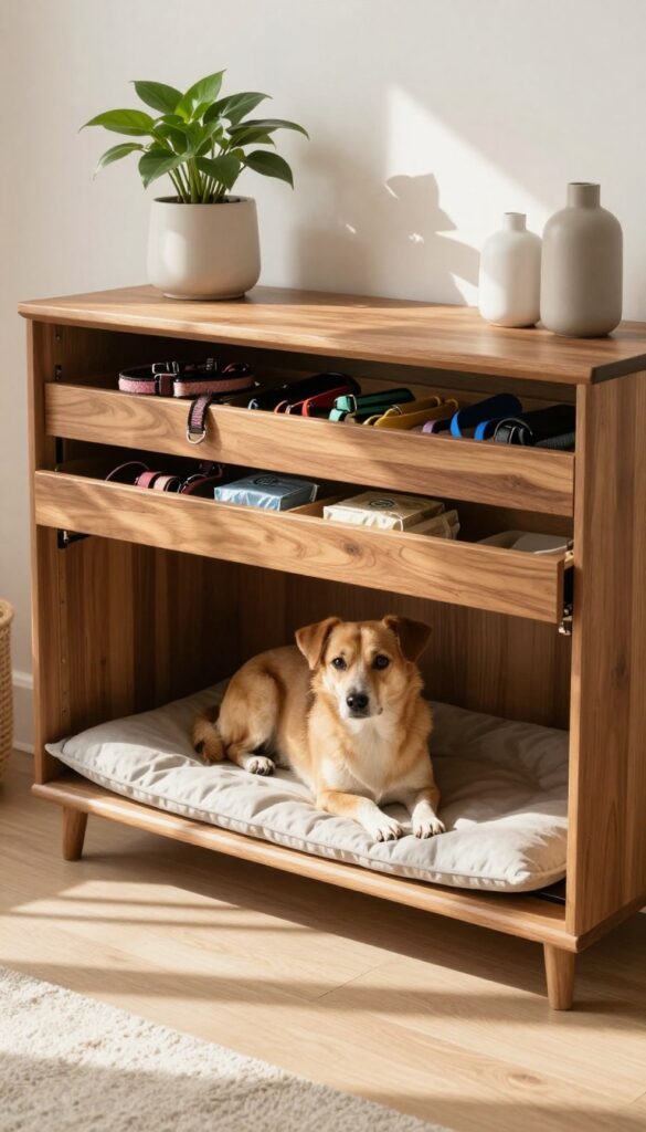 Console table kennel with hidden drawers, stylish dog crate disguised as furniture, natural light, photorealistic, dog blog inspiration.