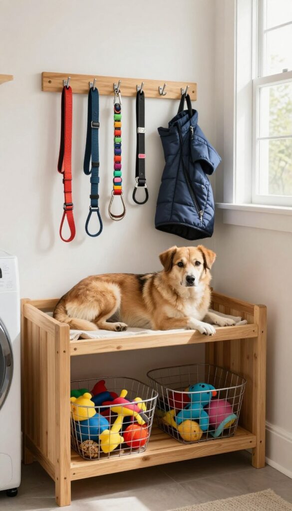 Mudroom-style dog kennel with hooks for leashes and baskets for toys and treats in a bright laundry room