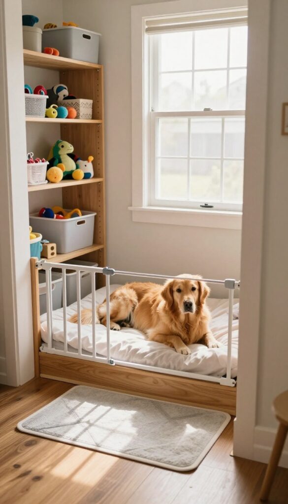 Repurposed closet turned into a cozy dog den with a baby gate, plush bed, and storage bins, bright natural light, photorealistic.