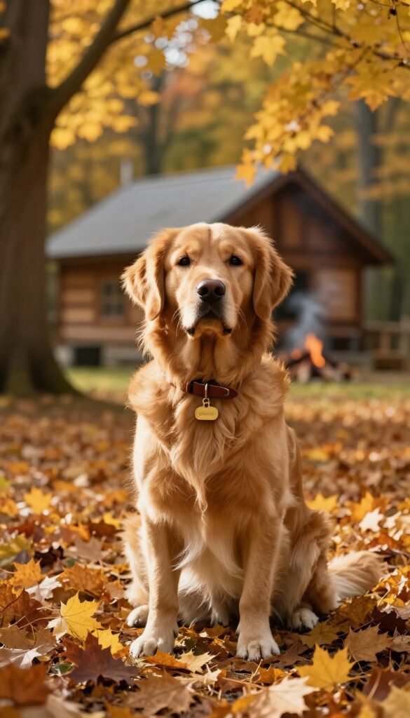 Golden retriever sitting on autumn leaves near a cabin with warm sunlight, wearing a leather collar, evoking the name Maple.