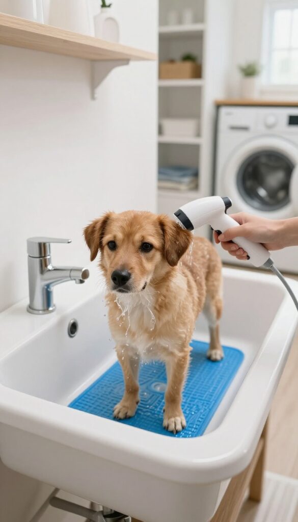 Dog standing in a utility sink being rinsed with a handheld sprayer in a bright laundry room