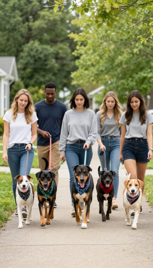 Group of people walking dogs on leashes in a sunny neighborhood, dogs wearing bandanas.