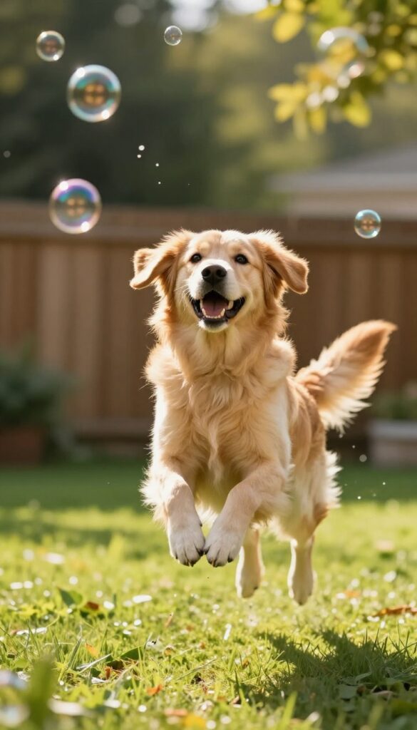 Golden retriever jumping to catch bubbles in a sunny backyard
