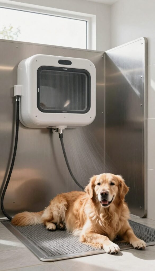 Wall-mounted dog drying station in use on a Golden Retriever in a bright wash room