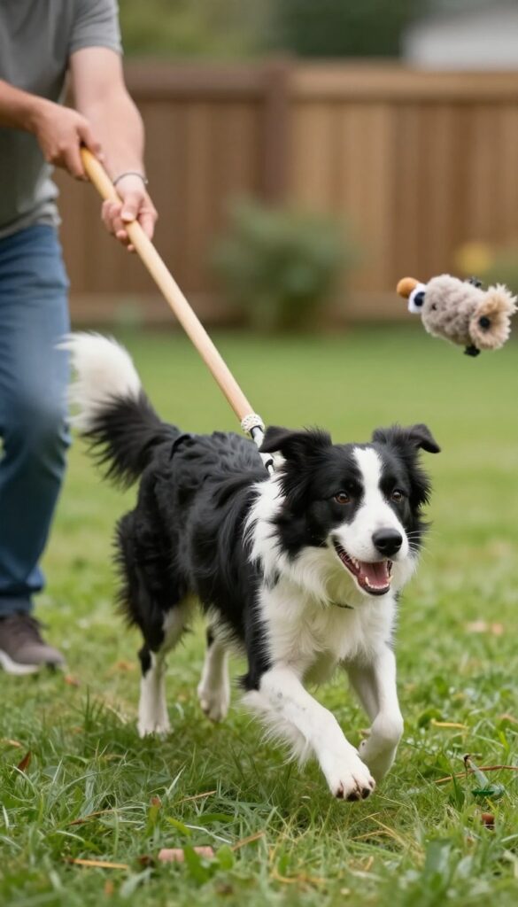 Owner using a DIY flirt pole with a dog chasing the toy in a sunny backyard