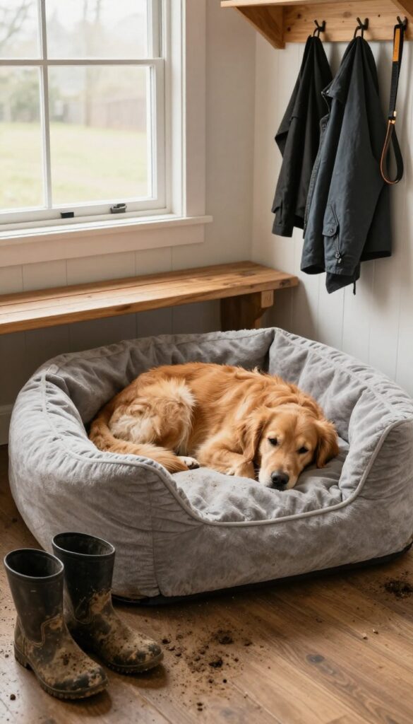 Cozy dog bed with washable cover in a mudroom, featuring a dog resting while muddy boots and coats hang nearby.