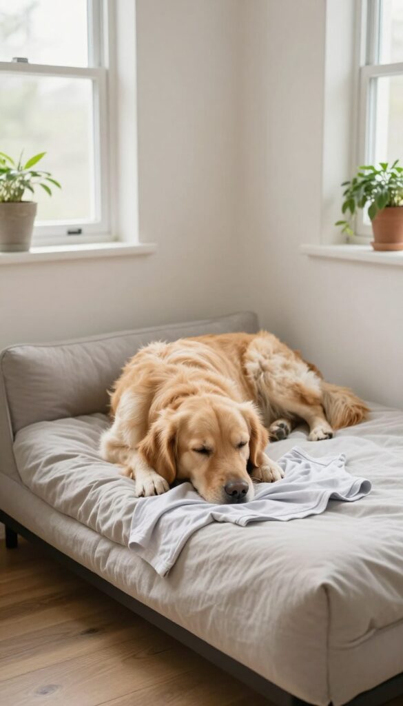 A dog sleeping peacefully on a bed with a worn t-shirt, feeling comforted by the owner's scent.
