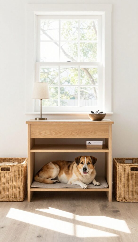 Console table with built-in dog crate and woven storage baskets in a bright entryway