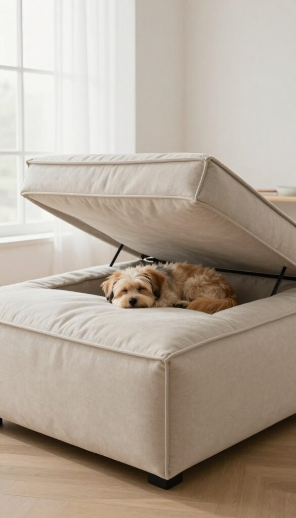 Multi-use ottoman with built-in dog bed, small dog sleeping inside, cozy living room decor