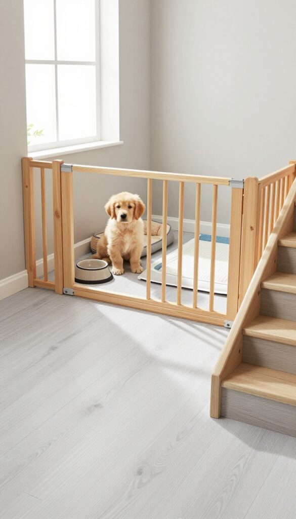 Under-stairs puppy pen with easy-clean vinyl flooring, dog bed, water bowl, and potty pad, bright natural light