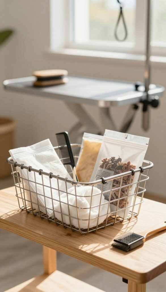 Under-shelf wire basket clipped to bottom of wooden shelf, holding grooming wipes, comb, and dog treats in a bright dog grooming room.