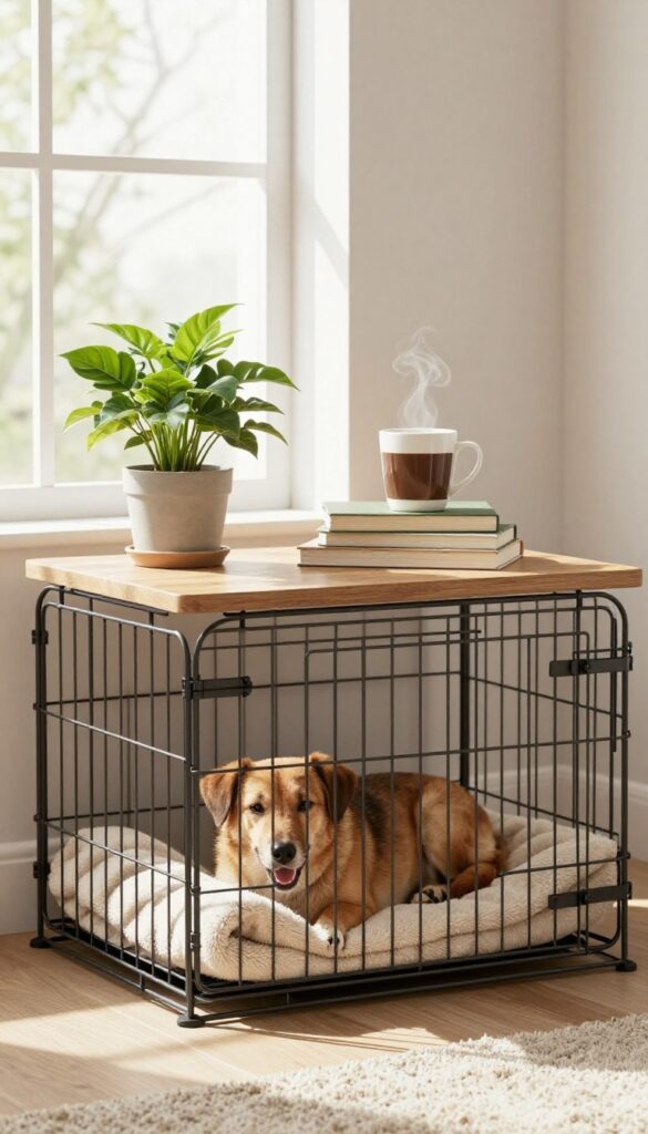 Dog crate with wooden tabletop as functional furniture in living room