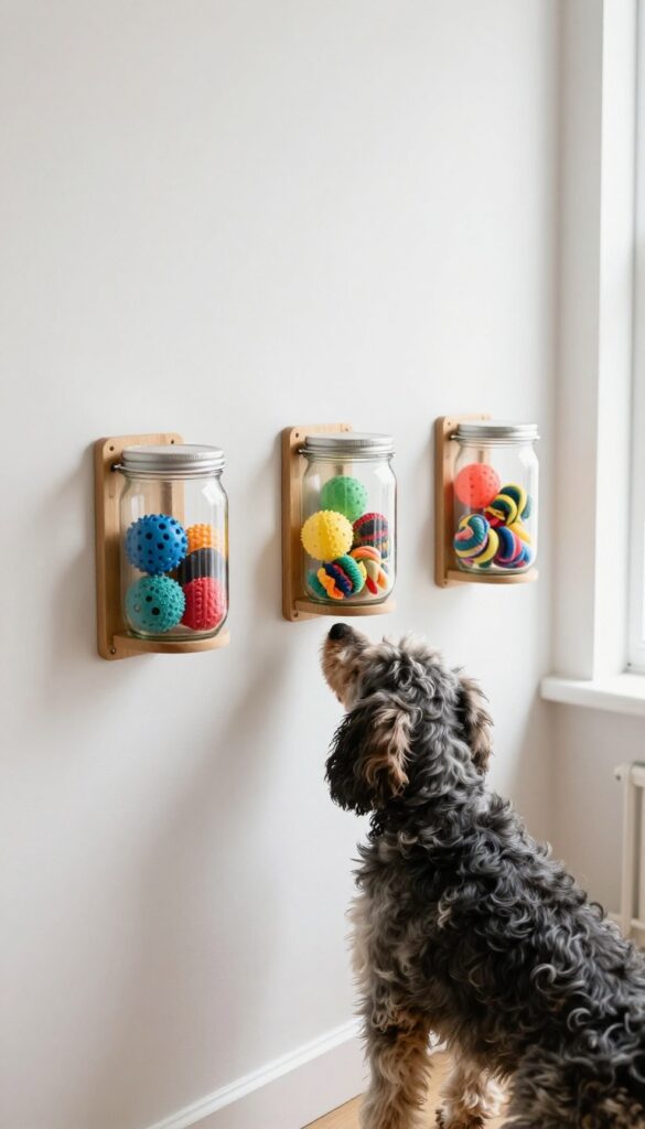 A small dog reaching into a clear jar mounted on the wall, filled with colorful toys, in a bright organized room.