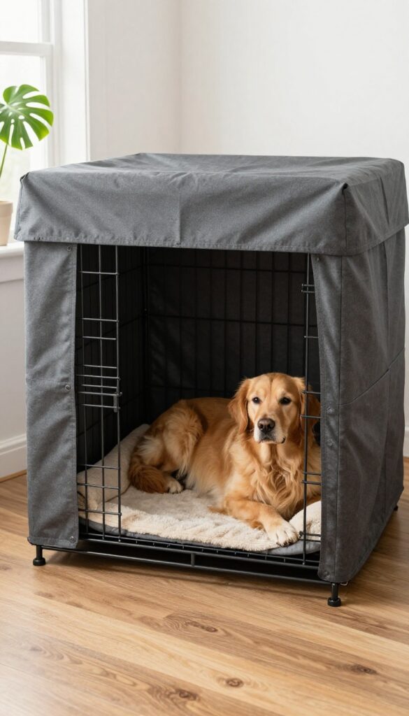 Heavy-duty wire dog crate with a cozy fitted cover, placed in a living room with natural light and a calm dog inside.