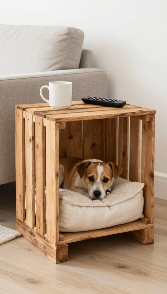 Repurposed wooden crate end table with dog sleeping inside