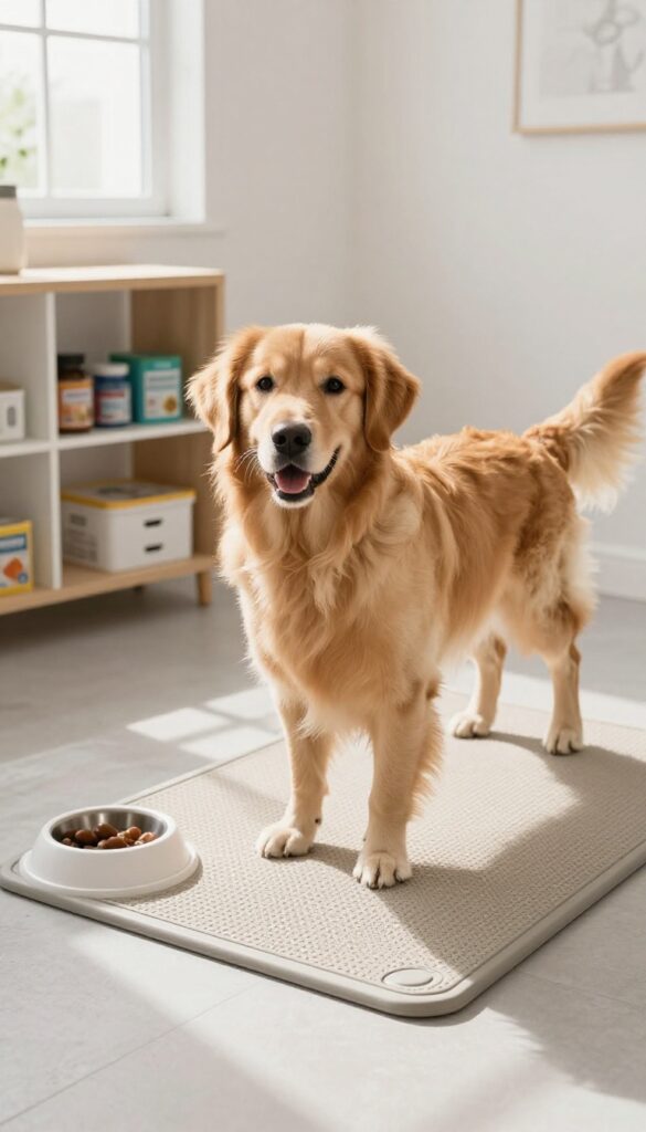 Golden retriever standing on a slip-resistant rubber mat in a bright utility room with feeding station.