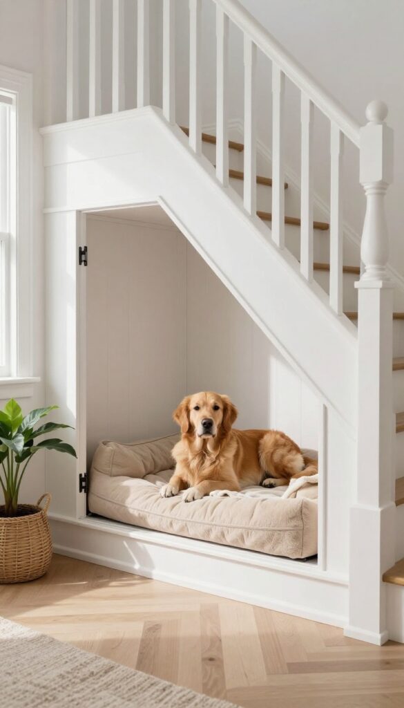 Custom built-in dog crate under stairs with golden retriever resting inside, seamless architectural integration.