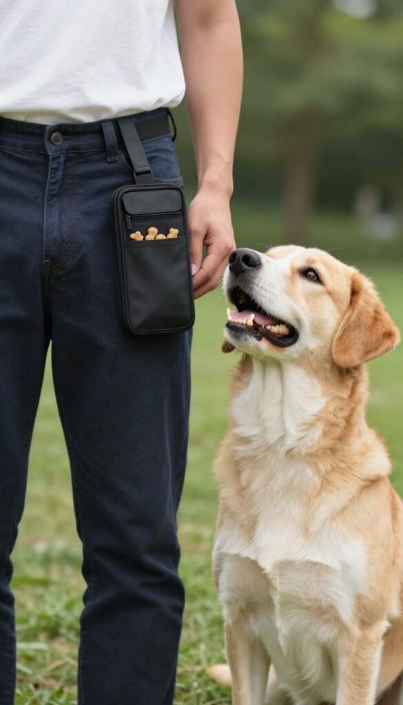 Dog owner with treat pouch clipped to belt, dog sitting beside, magnetic closure open, treats visible, outdoor park setting