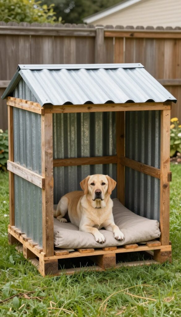 Pallet and corrugated metal dog kennel in a sunny backyard with a dog resting inside
