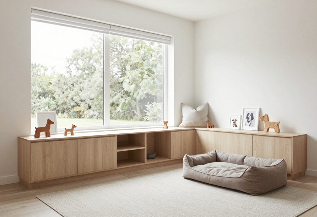 Aesthetic dog room with built-in crate furniture and cozy bedding