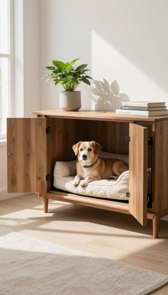 Dog crate inside a sideboard, hidden as furniture in a modern living room