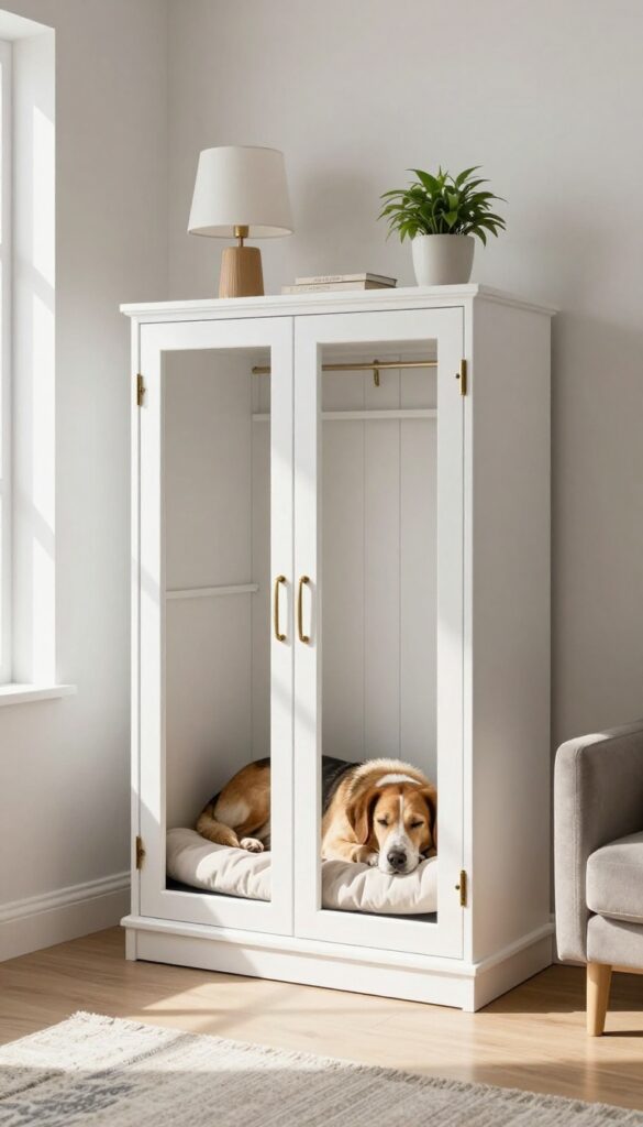 Double-door crate cabinet in bright living room with dog resting inside, top surface with lamp and plant.