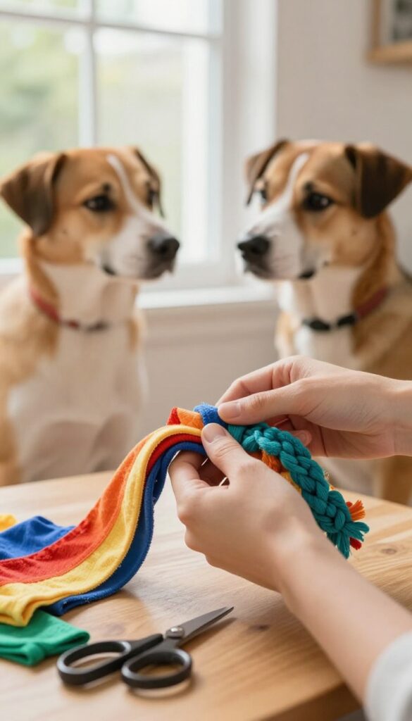 Hands braiding t-shirt strips into a tug toy with a dog watching