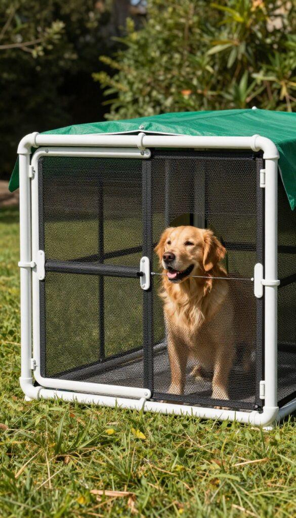 A PVC pipe outdoor dog kennel with mesh panels in a sunny backyard, featuring a golden retriever inside.