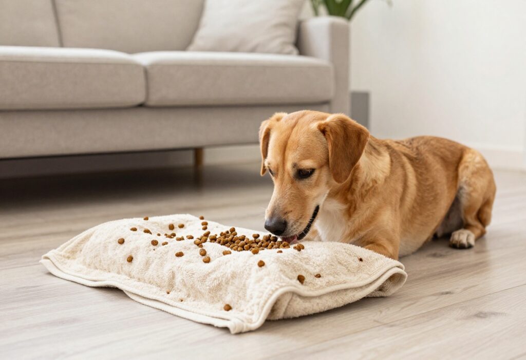 Dog using a DIY towel snuffle mat for enrichment