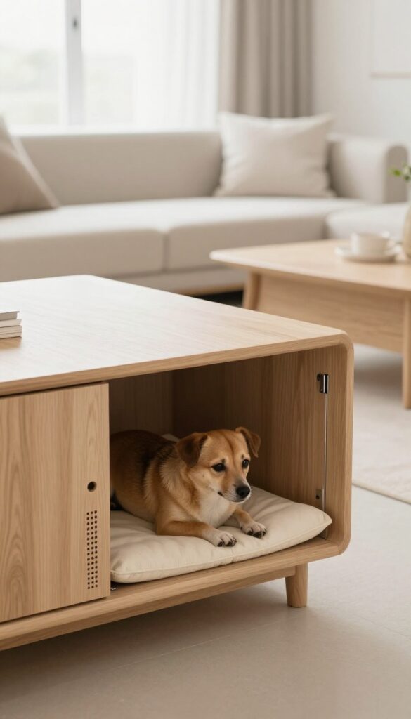 A modern media console with a built-in dog crate, a small dog resting inside, bright natural light, clean living room decor.