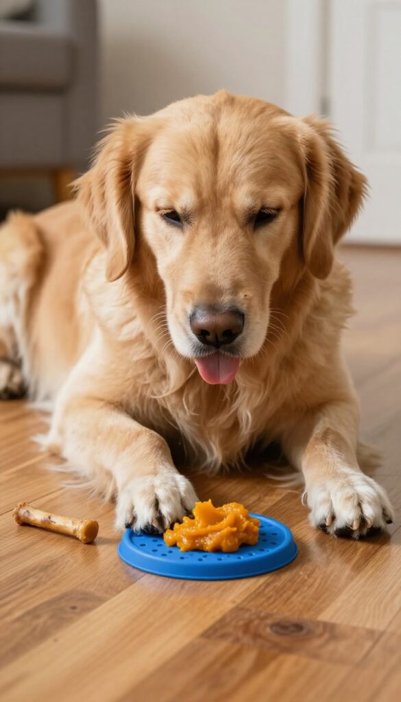 Calm golden retriever licking a silicone lick mat with pumpkin puree, with a bully stick beside it on the floor.
