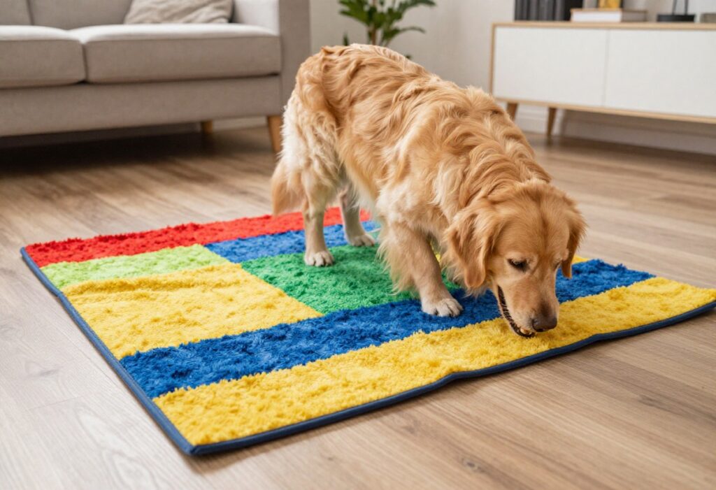 Golden retriever enjoying a DIY snuffle mat on a living room floor