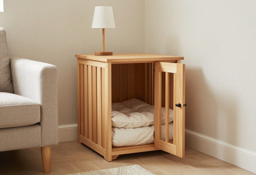 Cozy indoor dog kennel in a living room corner with a wooden crate and soft bedding