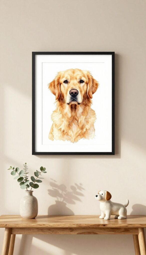Custom framed watercolor dog portrait on a living room wall with natural light and minimalist decor