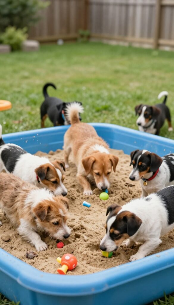 Dogs digging in a kiddie pool sand pit at a backyard party