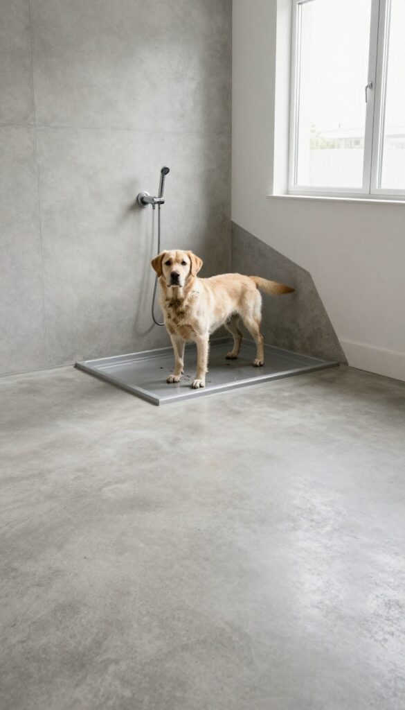 Concrete trough dog shower with floor drain in a bright utility room, Labrador standing inside, handheld sprayer on wall.