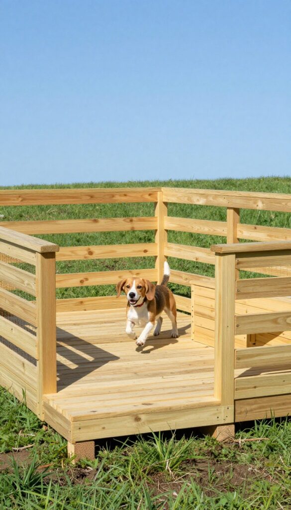 Raised wooden platform dog run in backyard with dog running on it