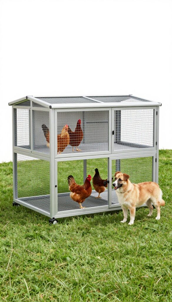 Portable kennel-chicken coop on wheels in a sunny backyard with a dog and chickens on fresh grass.