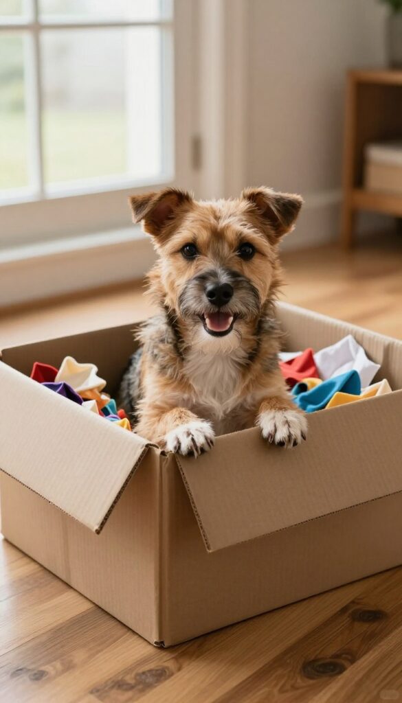 Dog digging in a cardboard box filled with crumpled paper and fabric scraps
