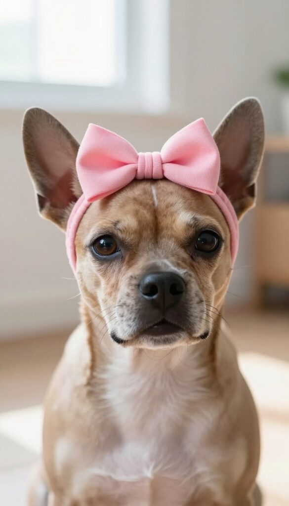 A small short-haired dog wearing a soft pink headband with a bow, sitting in natural light by a window.