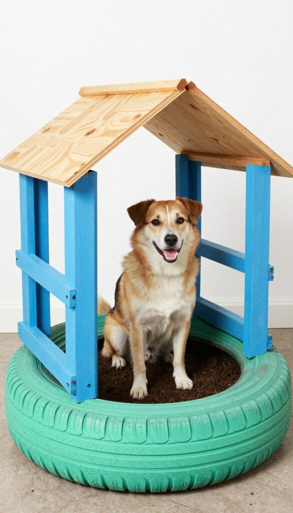 Stacked tire dog kennel with wooden roof in small backyard