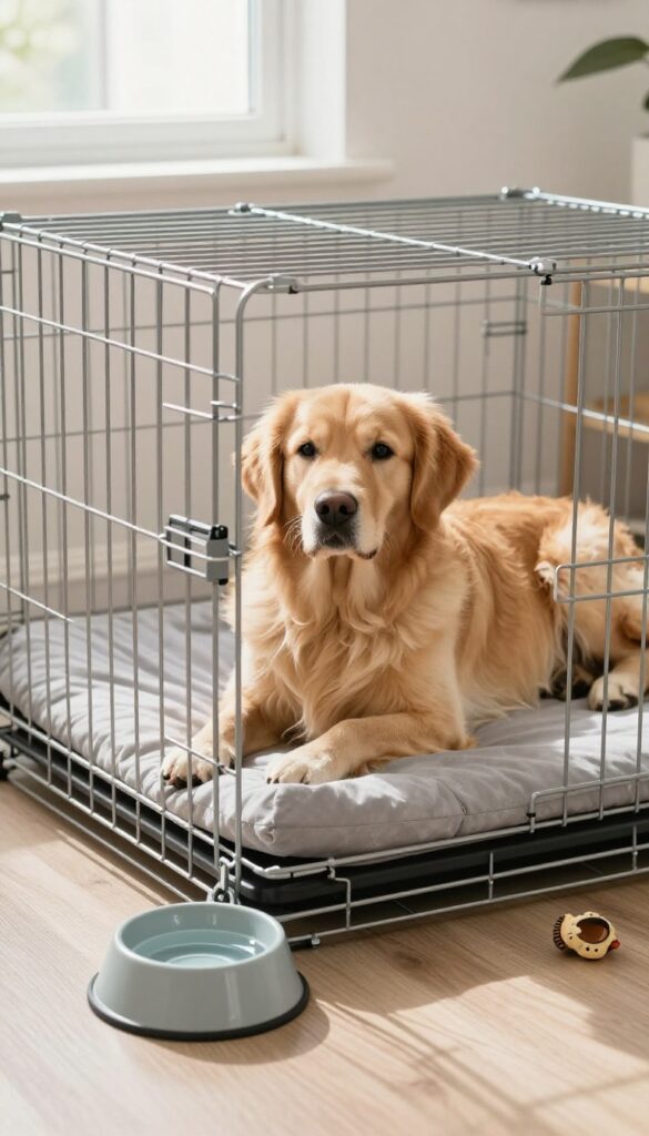 Dog crate with a no-spill water bowl attached to the door, golden retriever resting inside on a soft bed in a bright room.