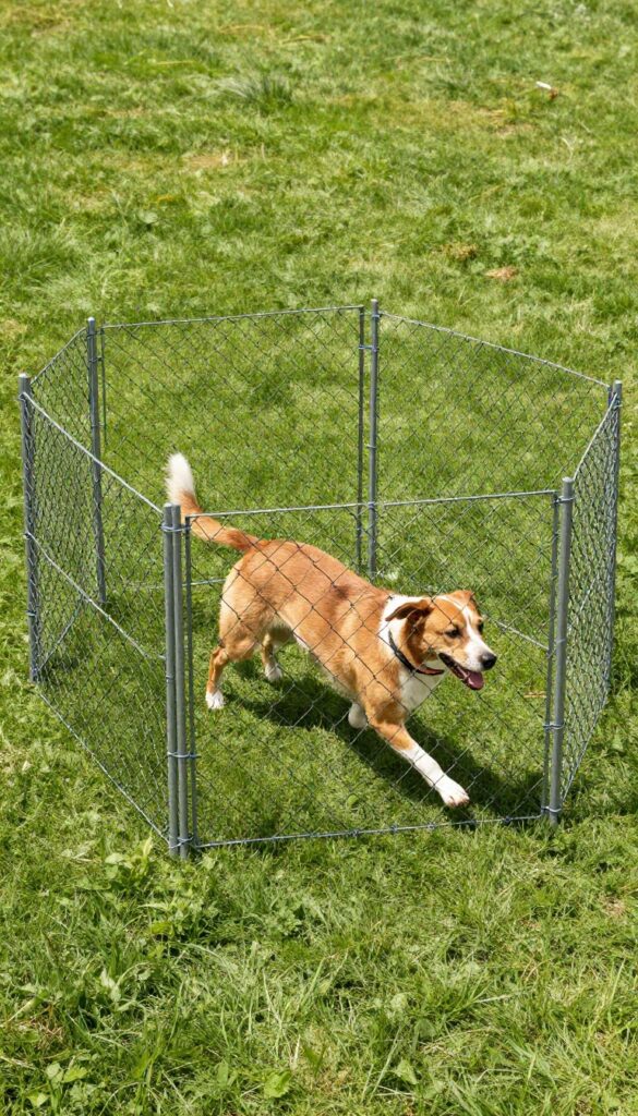 Backyard dog run made from secondhand chain link panels with a dog running inside