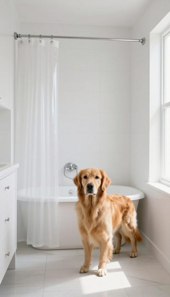 Dog in a laundry room bathtub with a clear shower curtain splash guard, bright natural light, clean composition.